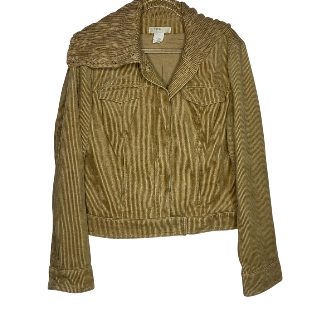 Vintage J Crew Womens Medium Corduroy Trucker Jacket Tan Knit Collar Cropped Y2K
